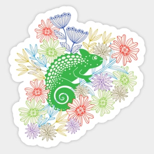 CHAMELEONS JUST WANNA HAVE FUN Cute Reptile Lizard with Rainforest Jungle Flowers in Jungle Green - UnBlink Studio by Jackie Tahara Sticker